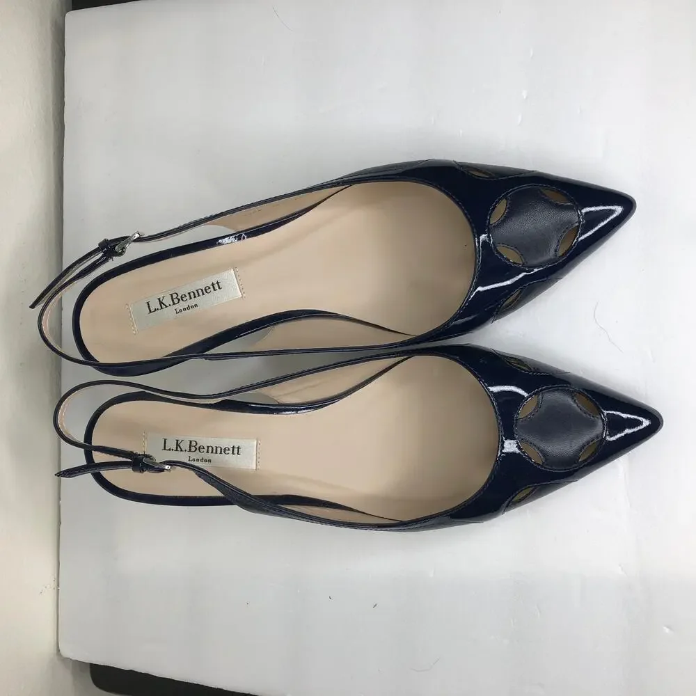 L.K. Bennett Shoe Sling Back Kitten Heel Cut Out Pointed Toe Navy Blue Chic 38.5